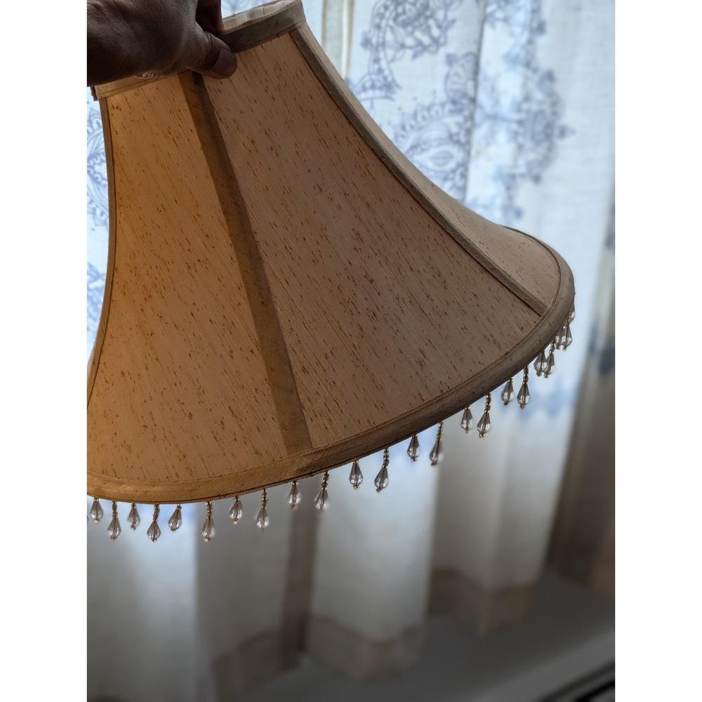 Bell Lamp Shade Beige Fabric Crystal Beaded Trim Empire Style